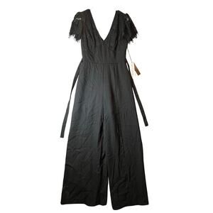 June & Hudson Black Lace Jumpsuit Wide Leg V-Neck Flutter Sleeve‎ Size Small New